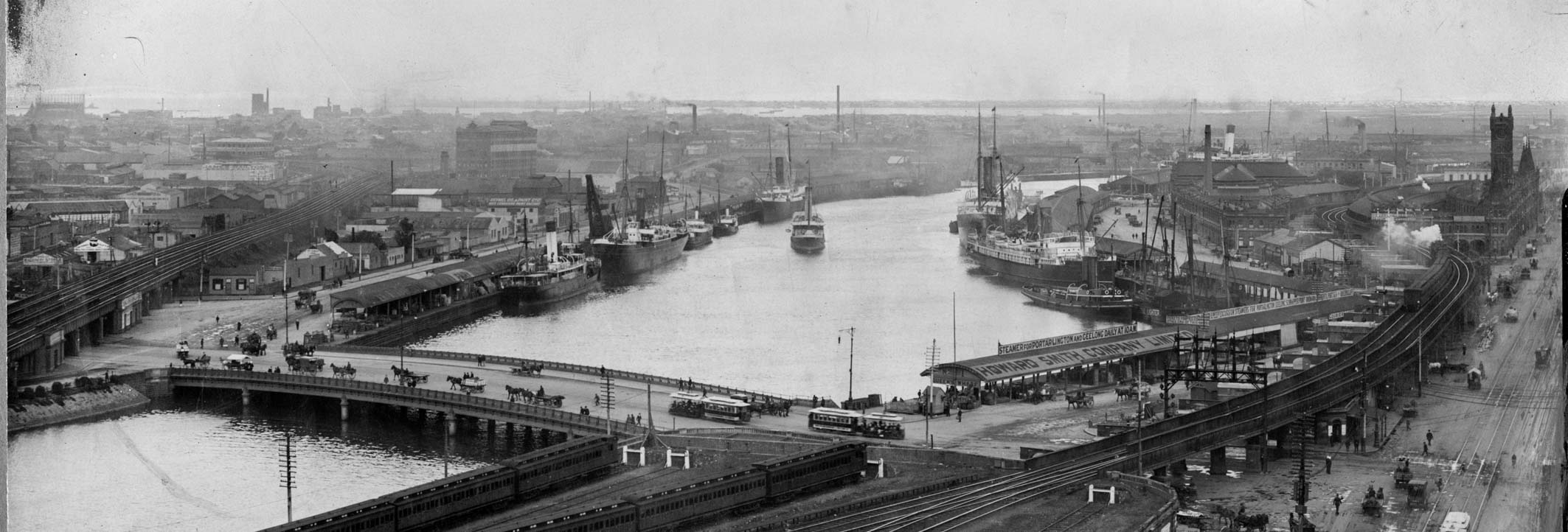 Black and white photo of a river port