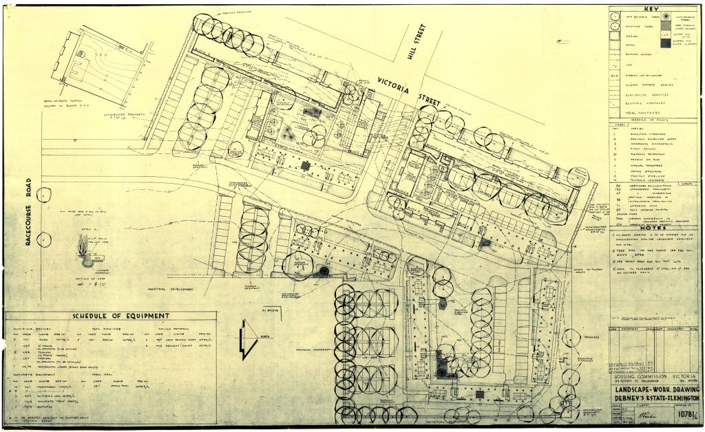 Figure 4: Details of the tree plantings and landscaping in the low-rise part of Debney’s Estate. PROV, VPRS 1808/P0, Unit 60, File D7 Debney Meadows Estate – Part 3, Drawing no. 10781/L.