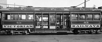 Black and white photo, old tram