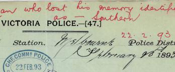 red writing on the top of a Victoria Police document that says "man who lost his memory identified"