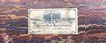 an inside page of a book featuring water colour and a stamp that says Mason Firth and McCutcheon Account Book Manufacturer Melbourne 