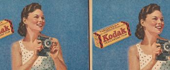 colour advertising from the 1940s a woman with a camera and the word Kodak